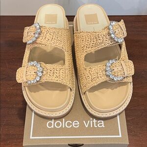 Dolce Vita Beige Woven Sandals with Crystal Buckles